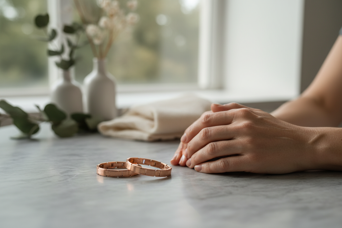 Copper bracelets with magnets for natural arthritis relief displayed on wooden table in serene wellness setting