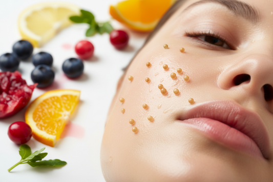 Natural fruit acids and jojoba oil spheres for gentle skin exfoliation - premium skincare ingredients
