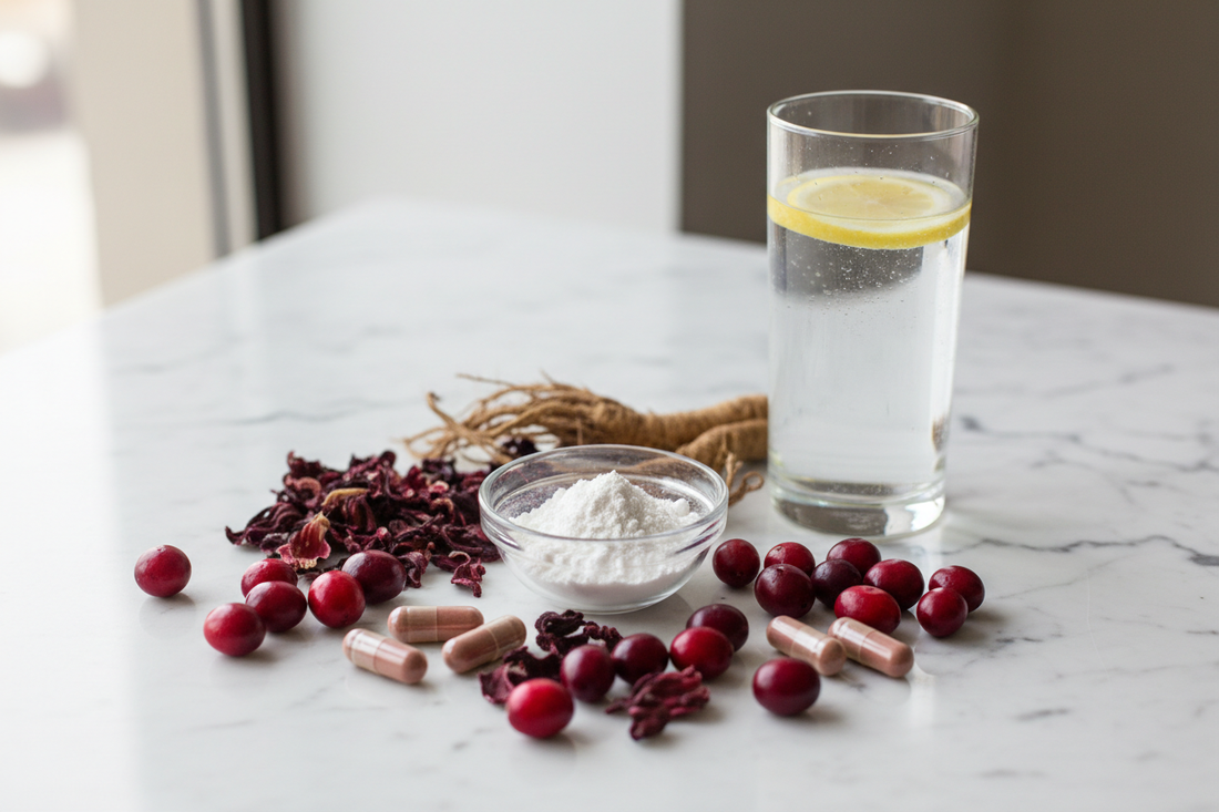 Natural UTI prevention with cranberry, D-mannose supplements and water for urinary health
