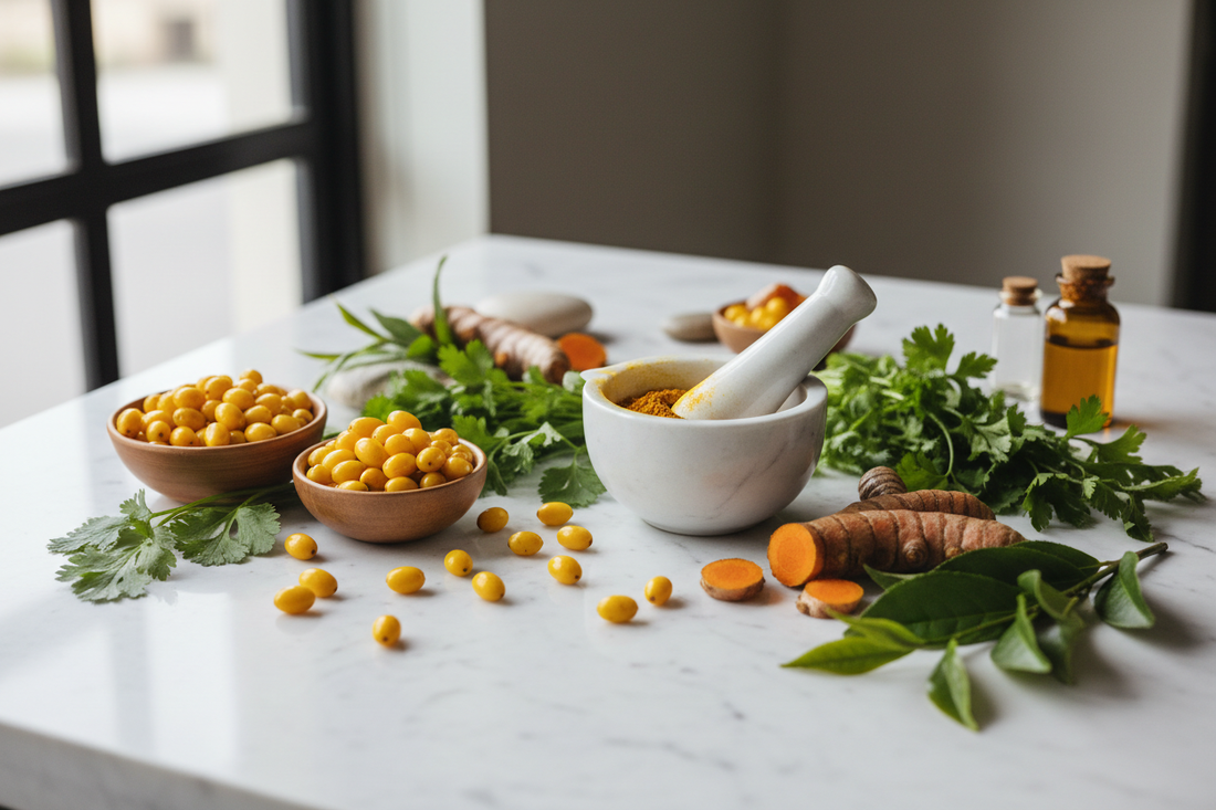 Berberine-rich barberry berries and natural plant ingredients on marble surface for metabolic health and blood sugar support