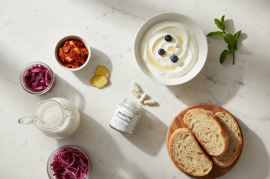 Probiotic supplements with fermented foods for digestive health, gut microbiome support, and immune function