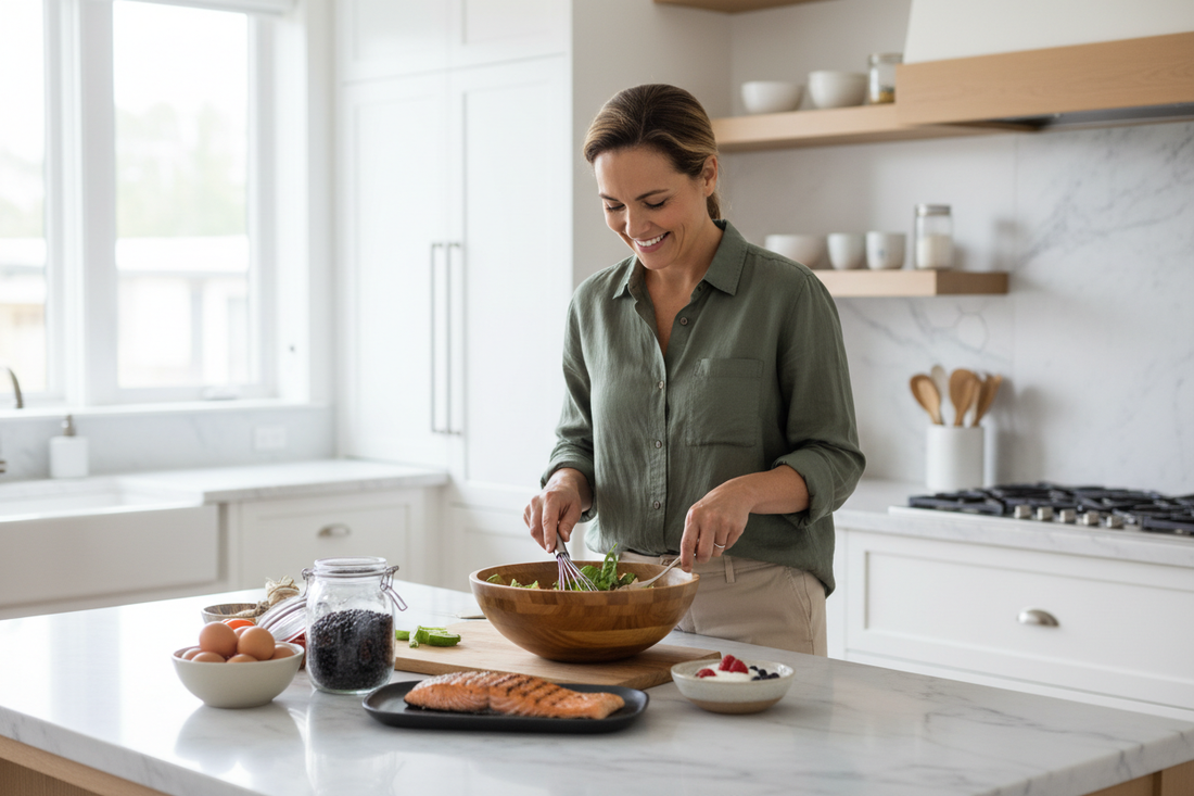 Person preparing protein-rich meal with lysine sources including eggs, fish, and legumes in modern kitchen