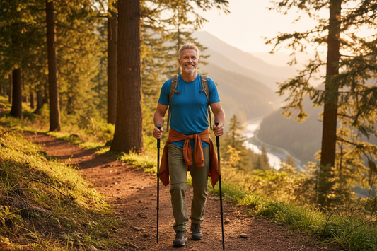 Vital man in his 50s hiking outdoors representing men's prostate health and active living