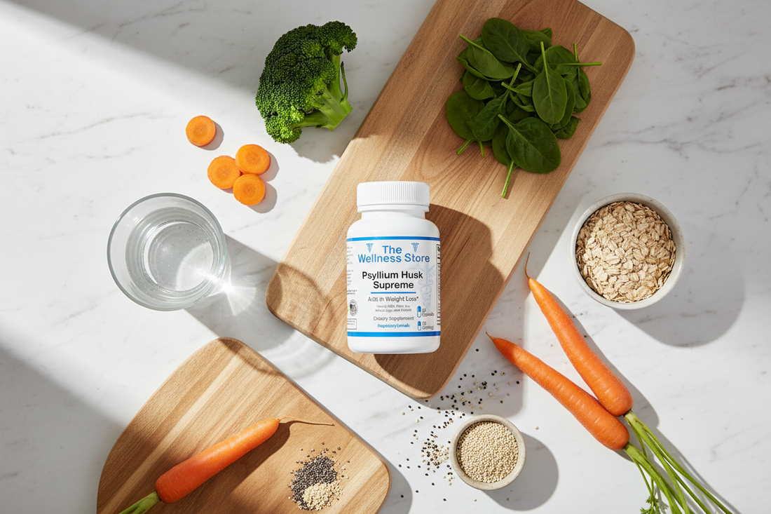 The Wellness Store Psyllium Husk Supreme supplement bottle with glass of water, fresh vegetables, and whole grains on marble surface