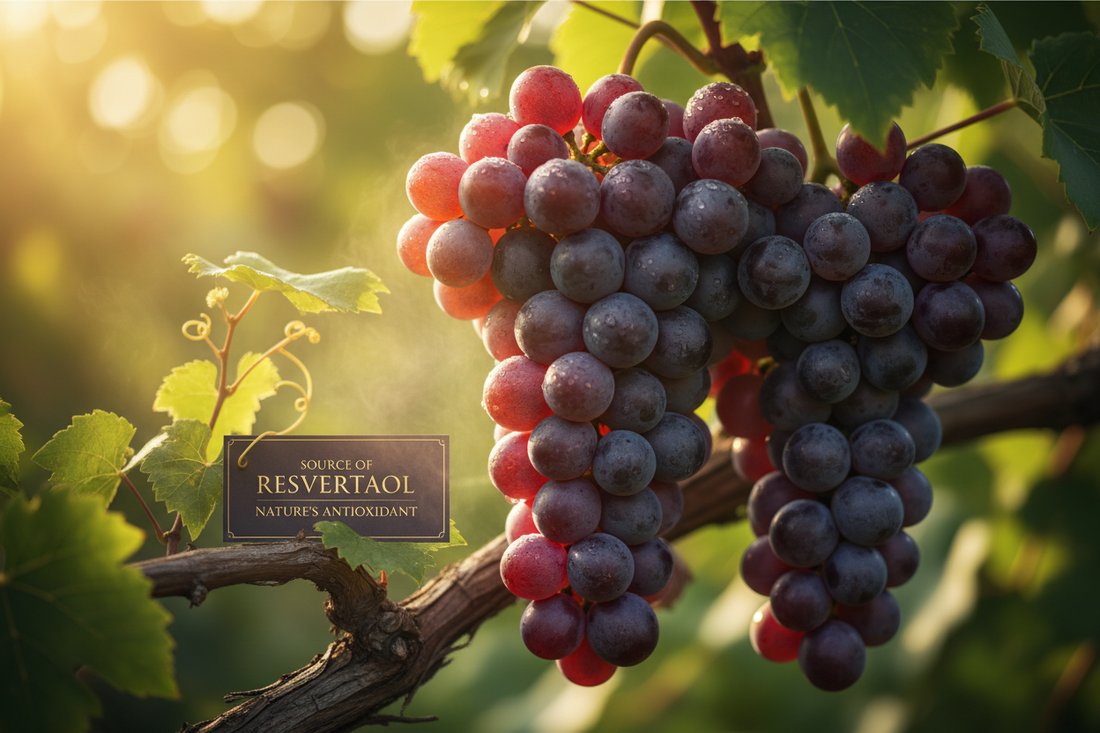 Red grapes on vine in sunlight - natural source of resveratrol antioxidant for longevity and heart health