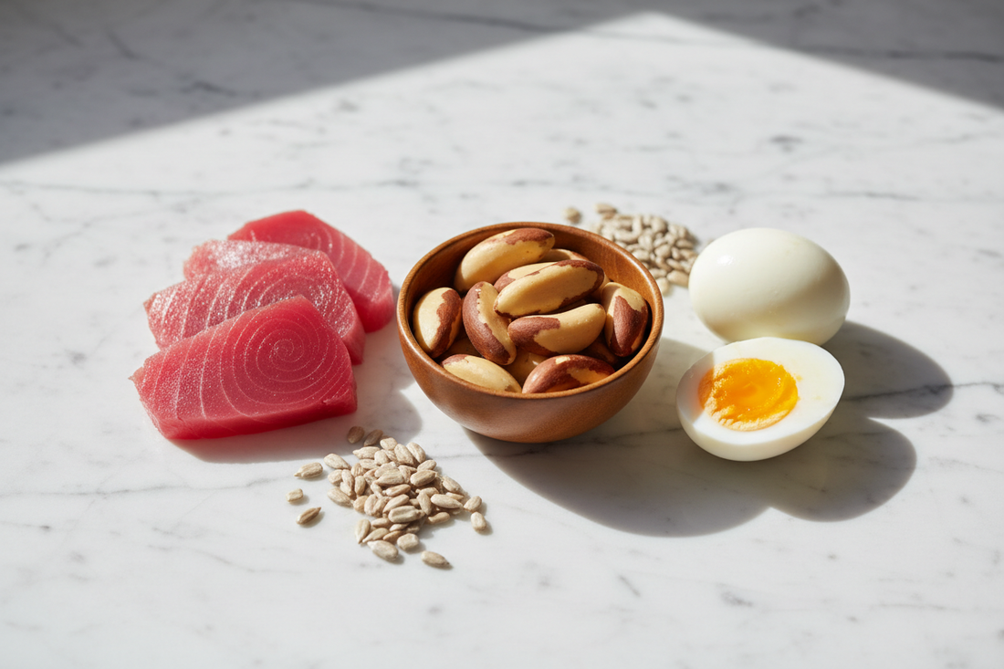 Selenium-rich foods including Brazil nuts, sunflower seeds, tuna, and eggs on a white marble surface