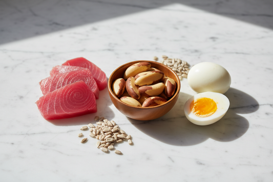 Selenium-rich foods including Brazil nuts, sunflower seeds, tuna, and eggs on a white marble surface