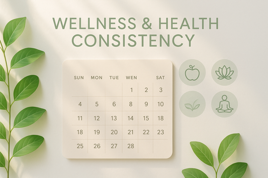 a calendar with Wellness & health consistency on a beige background with plants on the sides