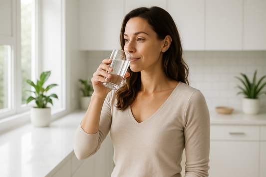 woman drinking water in a naturally lit kitchen setting showing the importance of hydration