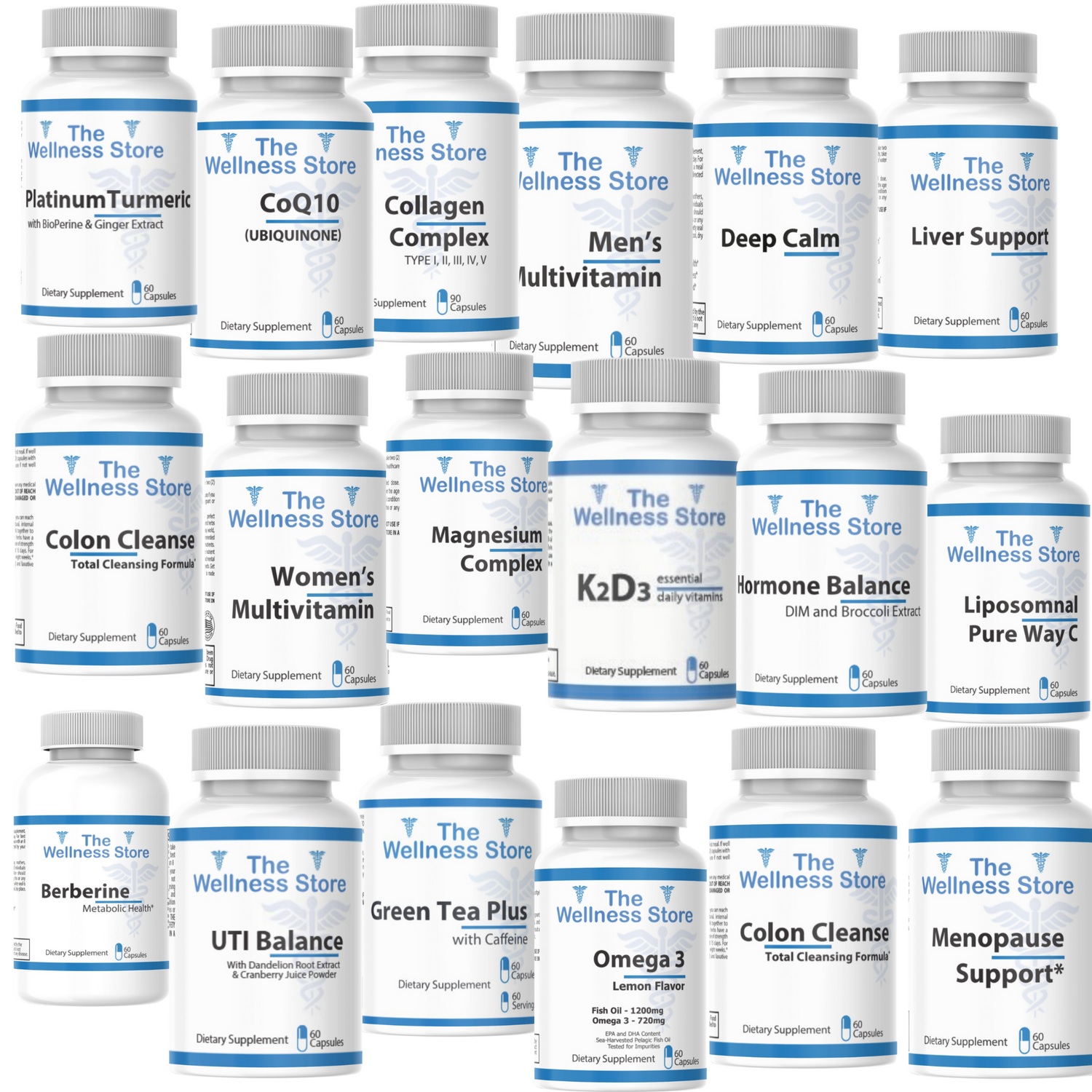 Collection of 18 premium health supplements bottles stacked on white background - scientifically formulated wellness products