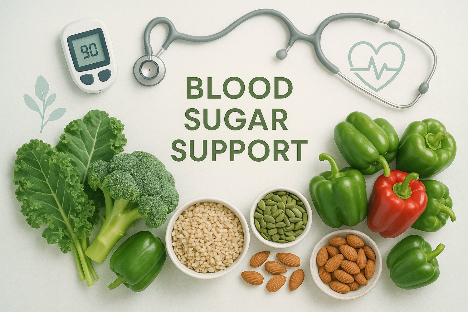 text blood sugar support with vegetables and nuts and a stethescope with a cream background