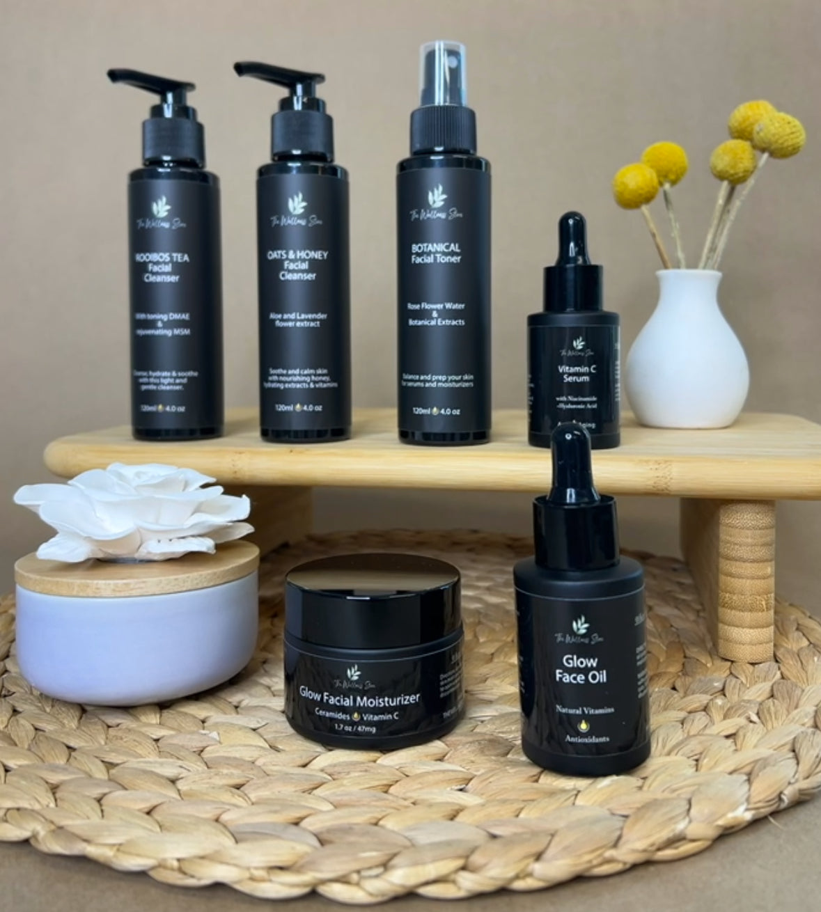 Premium natural skincare products with anti-aging botanical ingredients displayed on clean background