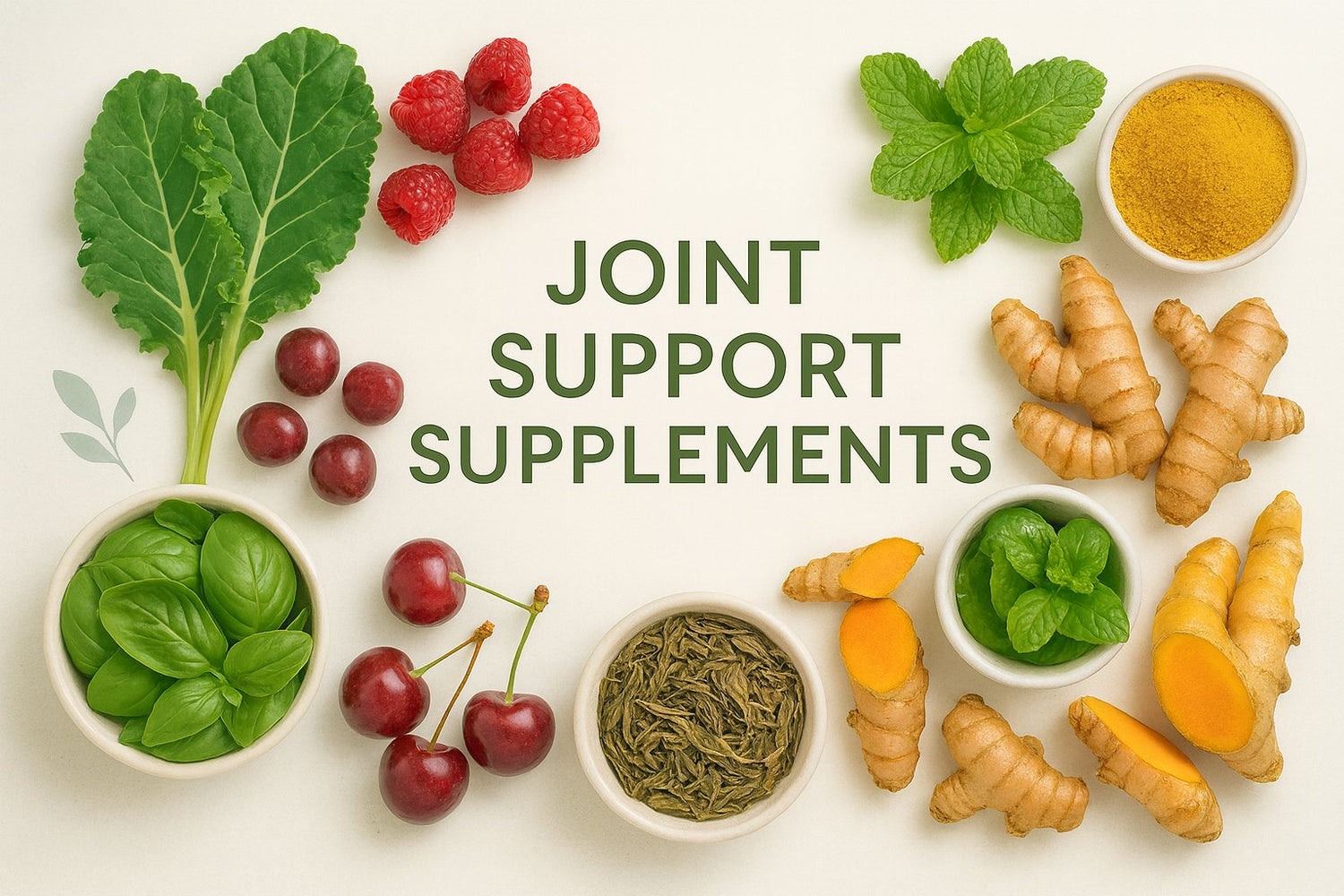 Joint support supplements displayed on a clean surface alongside fitness accessories including yoga blocks, resistance bands, foam roller, and water bottle. 