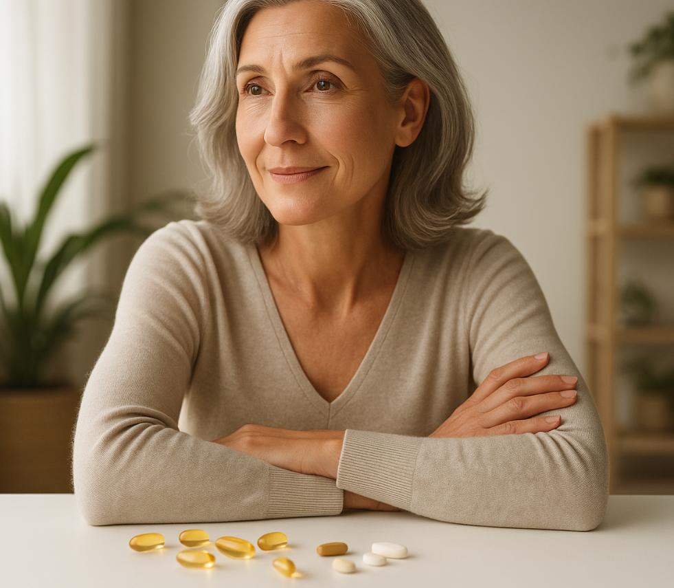 Menopause support supplement on a table with a book, flowers and a cup of tea