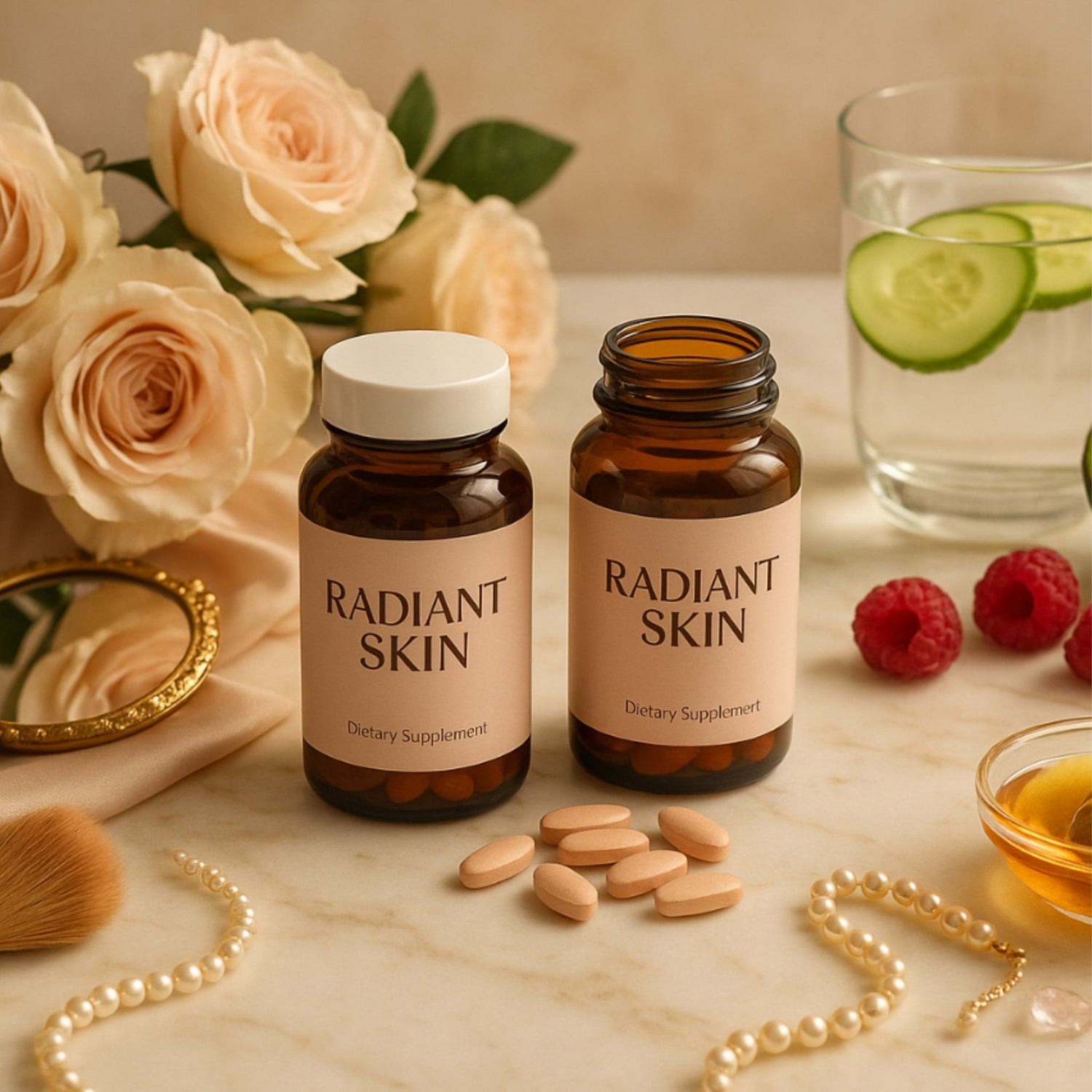 Radiant Skin Suupplement bottles on a table with raspberries flowers and pearls