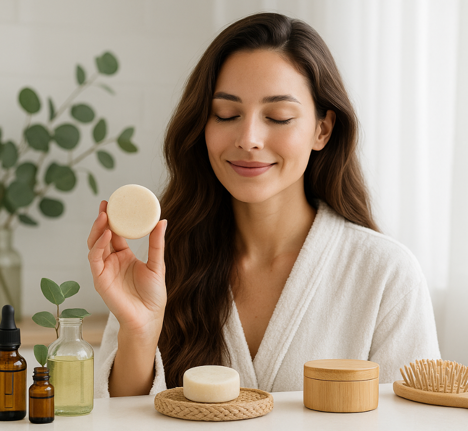 Woman with healthy natural hair using natural hair care products and supplements