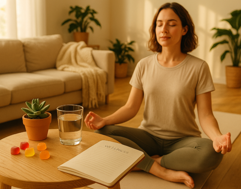 woman in a yoga pose in a livingroom with gummies and a tablet on a coffee table