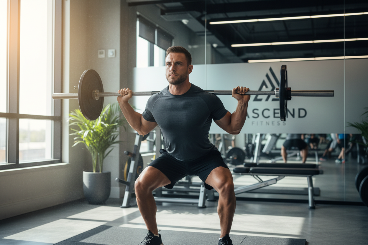 Fitness athlete lifting weights in gym - pre-workout protein and recovery supplements