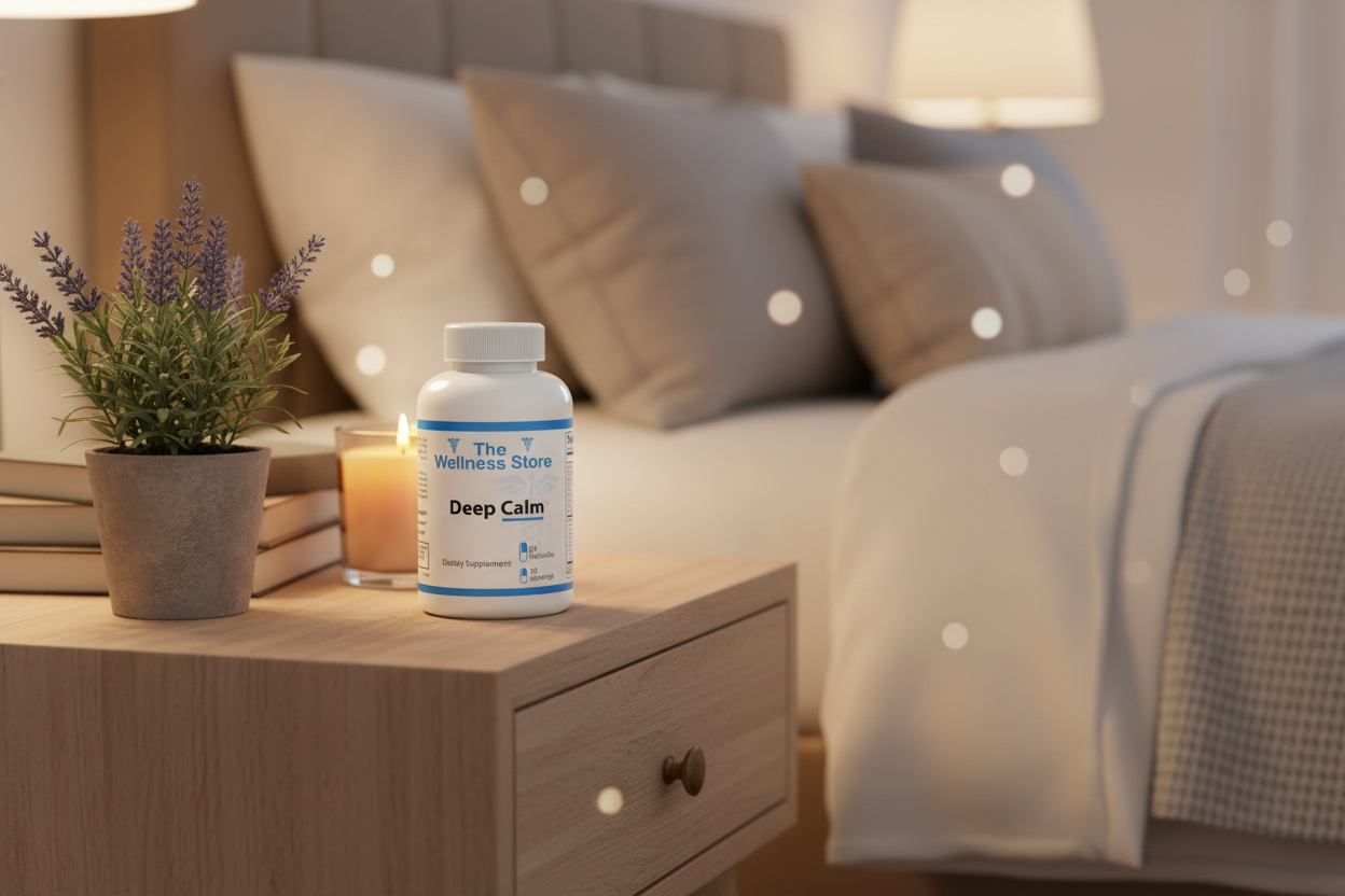 Deep Calm supplement bottle in relaxing nighttime setting - sleep supplements for restful, quality sleep