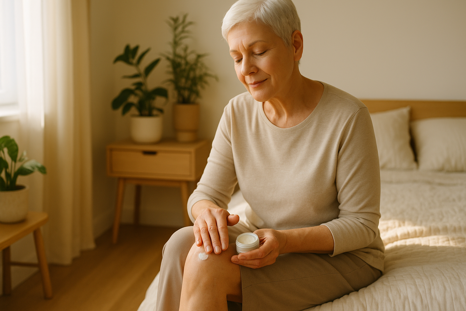woman applying cream to her knee in a bedroom setting