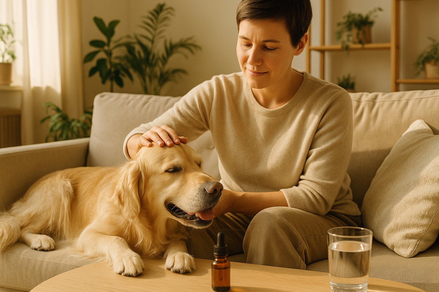 Image of a woman on a sofa with a dog and a tincture and glass of water on the table in front of them