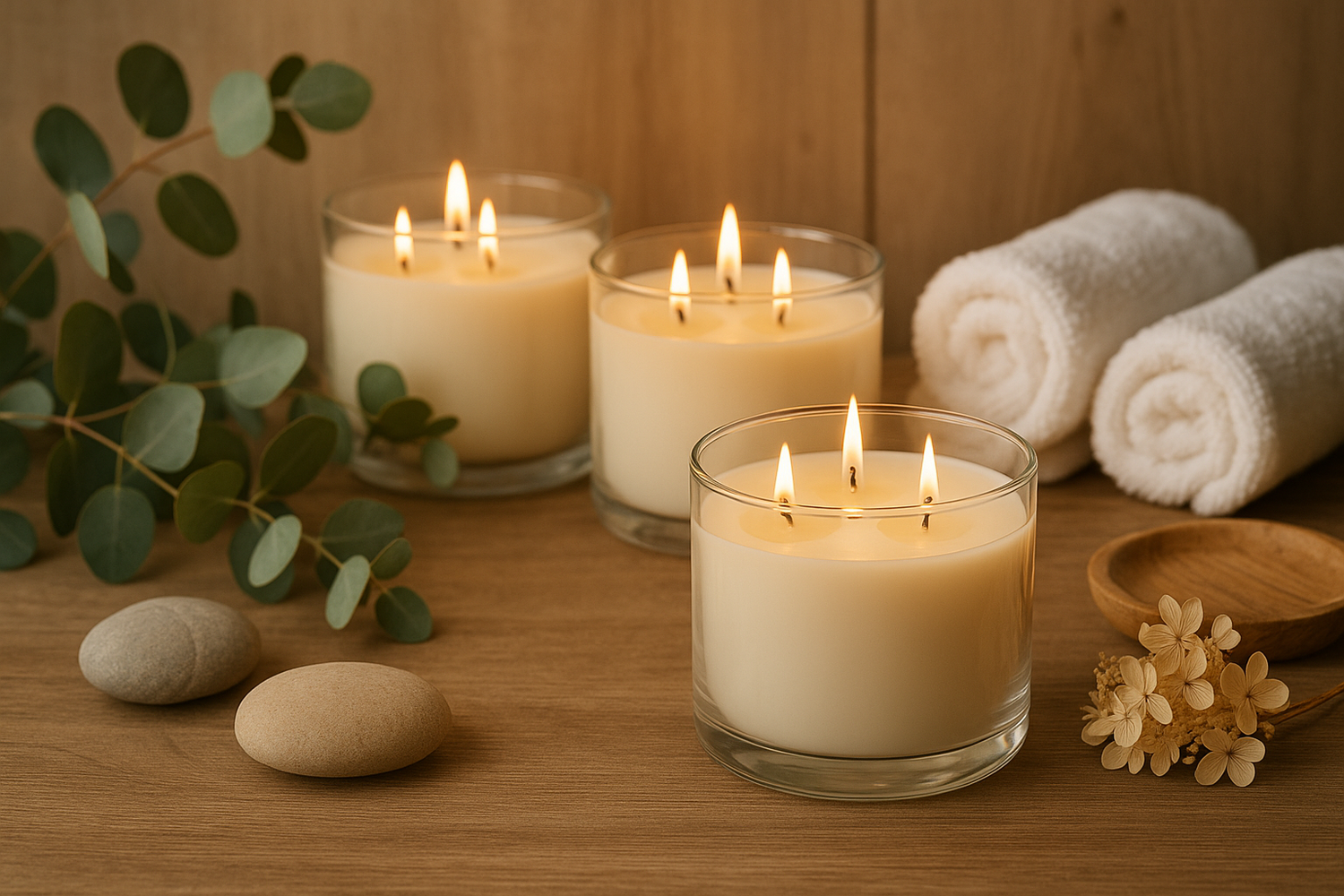 Natural soy candles burning in peaceful home setting for aromatherapy and wellness