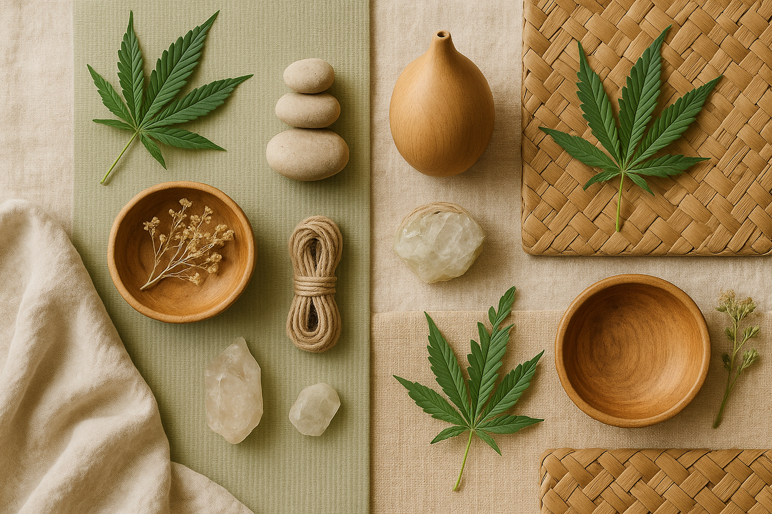 hemp leaves, stones and crystals on a earth toned backing