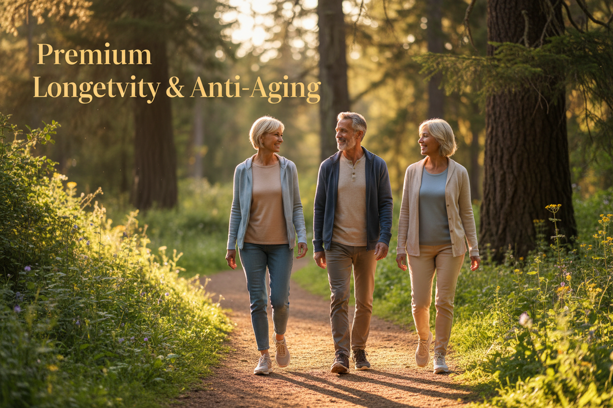 Premium Longevity & Anti-Aging Supplements - healthy mature adults enjoying active lifestyle