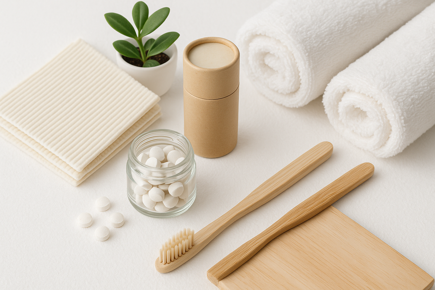 Natural personal care essentials including rolled towels, aluminum-free deodorant, eco-friendly toothbrush and plant on beige background