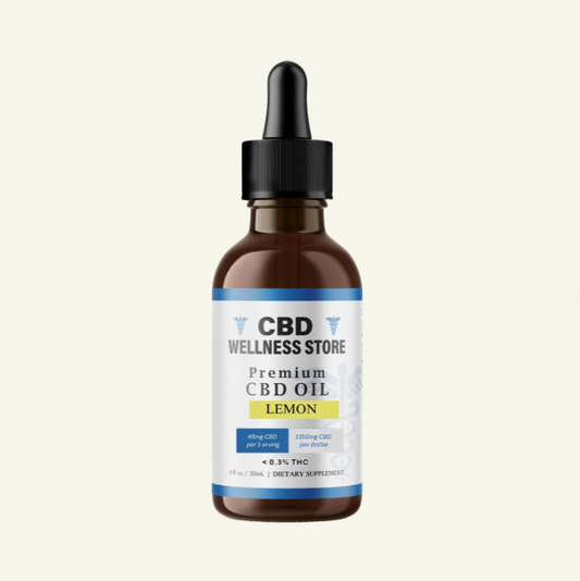 CBD Wellness Store premium CBD oil bottle with lemon flavor on a white background