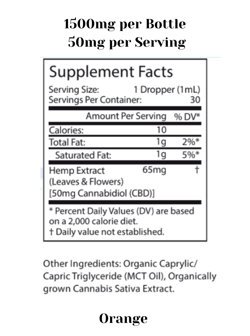 Supplement facts for 1500mg Orange CBD Oil
