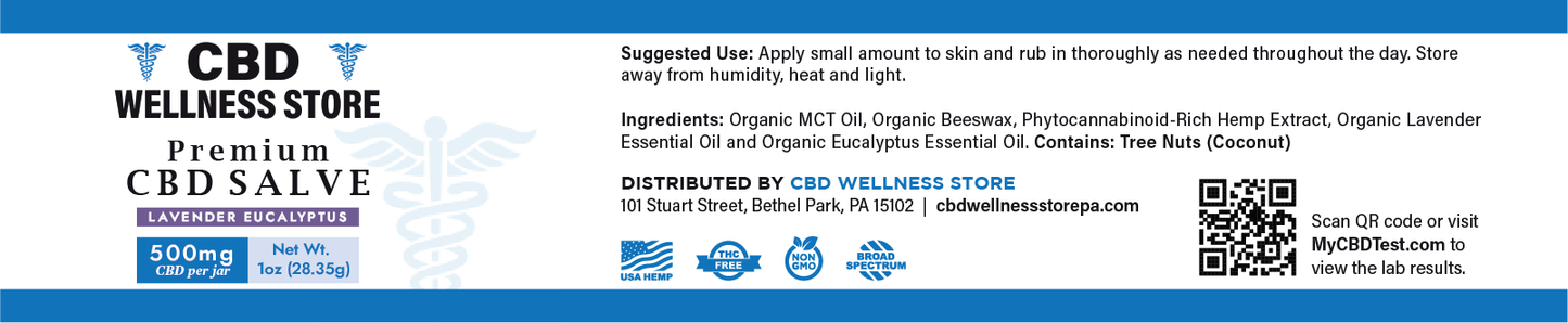 CBD Wellness Store salve label with product details and branding.