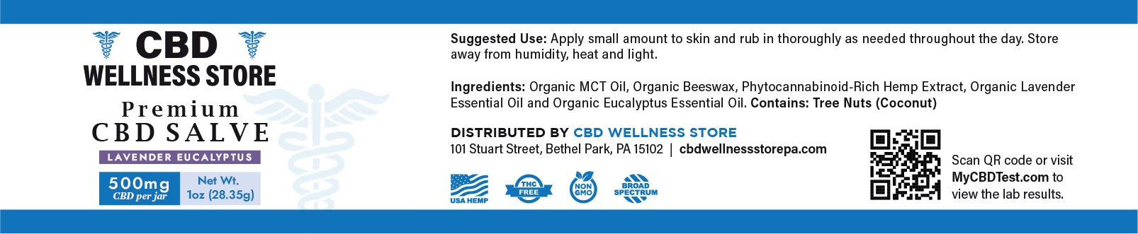 CBD Wellness Store salve label with product details and branding.