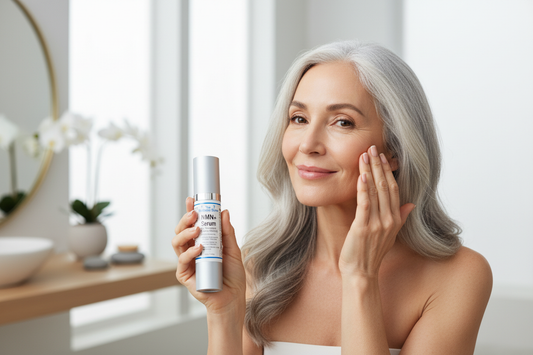 60-year-old woman using The Wellness Store NMN+ Serum for anti-aging