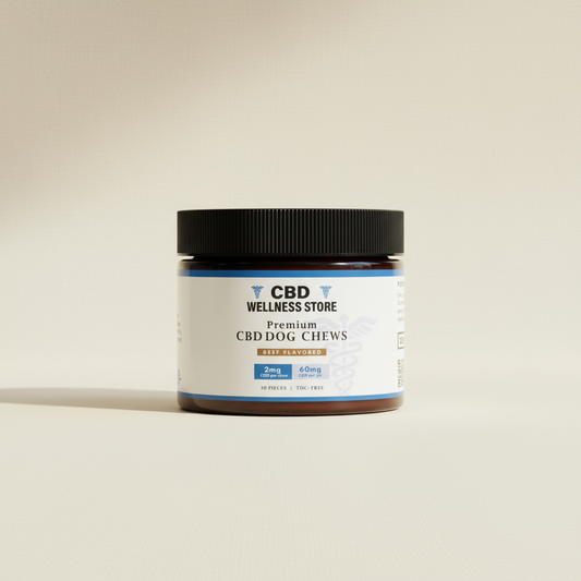 Jar of CBD Wellness Store Premium CBD Dog Chews on a beige background