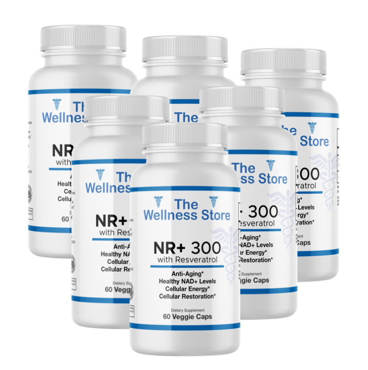 6 Bottles of The Wellness Store NR+ 300 supplement on a white background