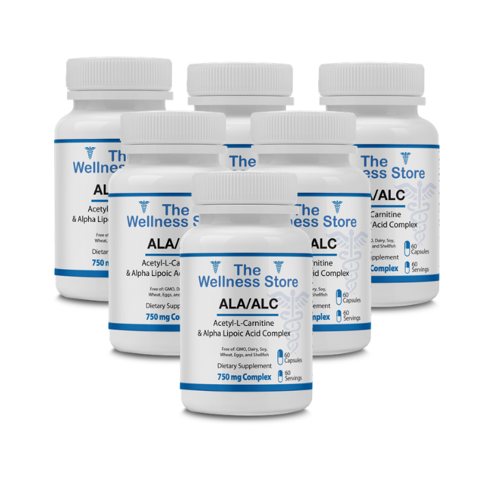 6 bottles of The Wellness Store ALA/ALC supplement on a white background