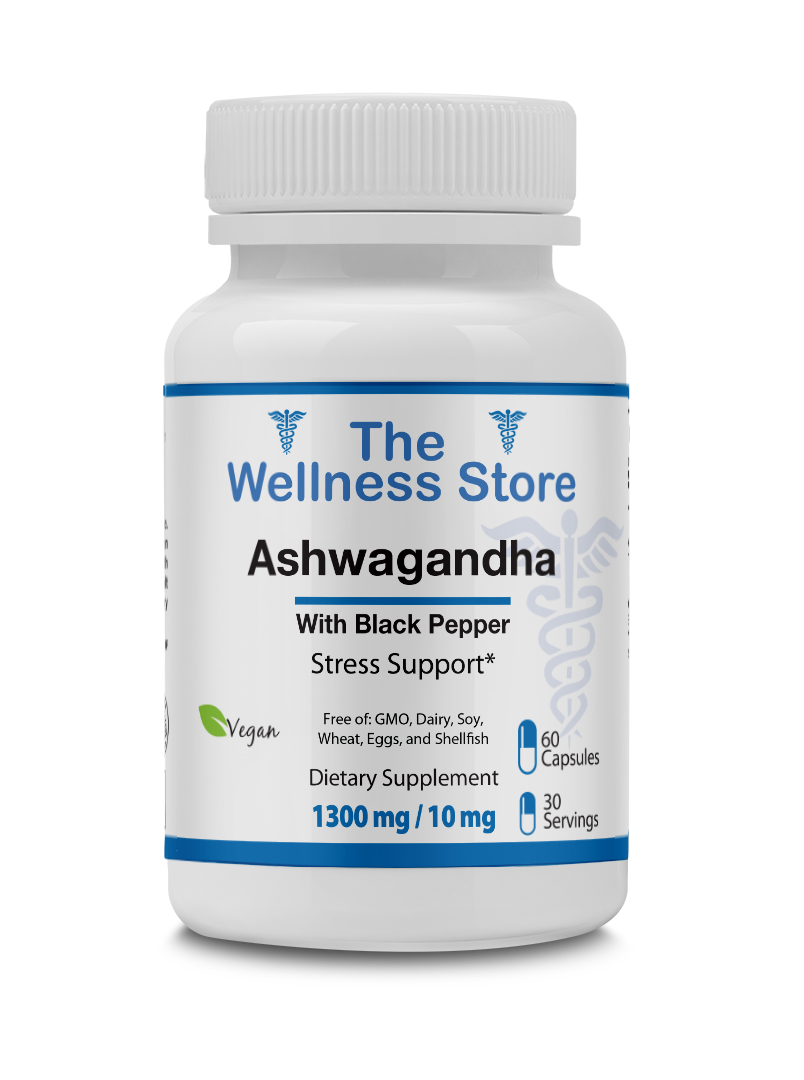 Supplement bottle labeled 'The Wellness Store Ashwagandha' on a white background