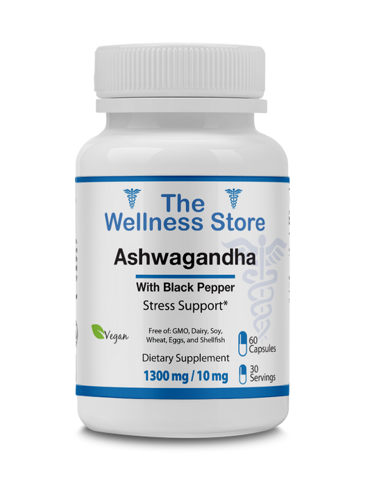 Supplement bottle labeled 'The Wellness Store Ashwagandha' on a white background