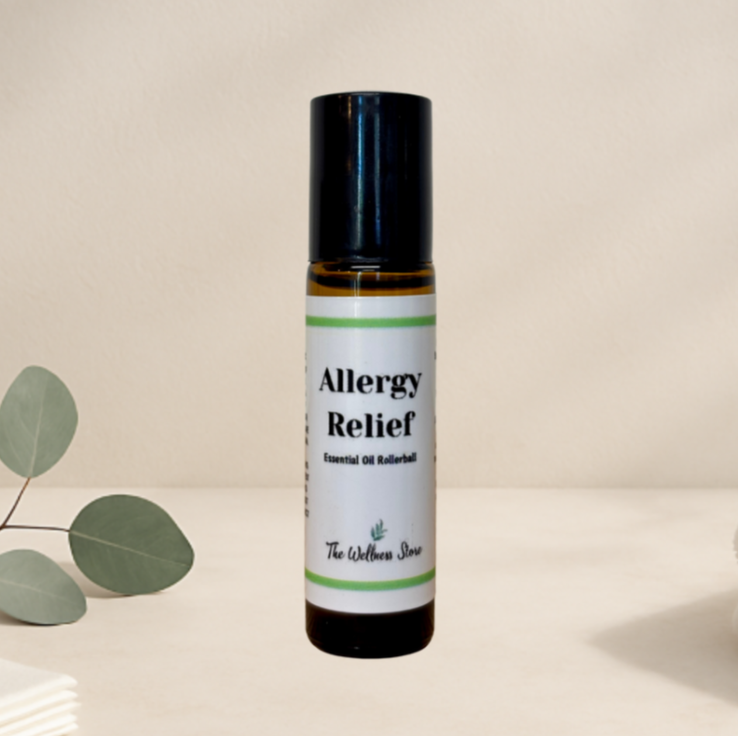 Roll-on bottle labeled 'Allergy Relief' with a leafy branch on a beige background