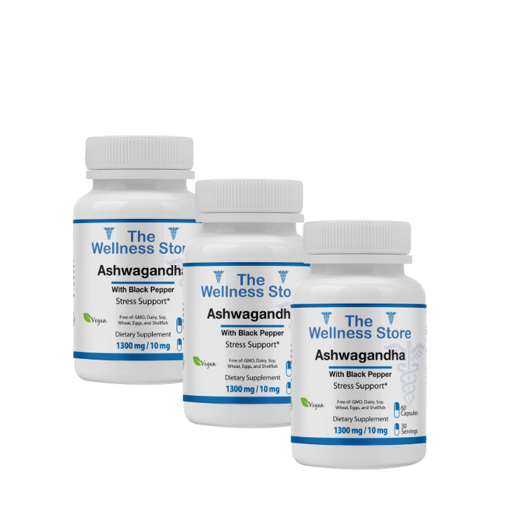 Three bottles of Ashwagandha supplement from The Wellness Store on a white background