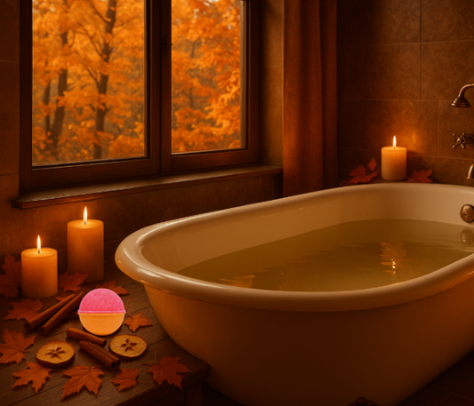 Bathroom with a bathtub filled with water, candles, and autumn leaves.
