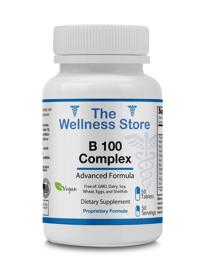 Supplement bottle labeled 'B 100 Complex' from 'The Wellness Store' on a white background