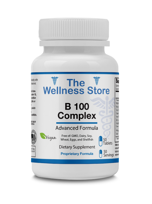 Supplement bottle labeled 'B 100 Complex' from 'The Wellness Store' on a white background