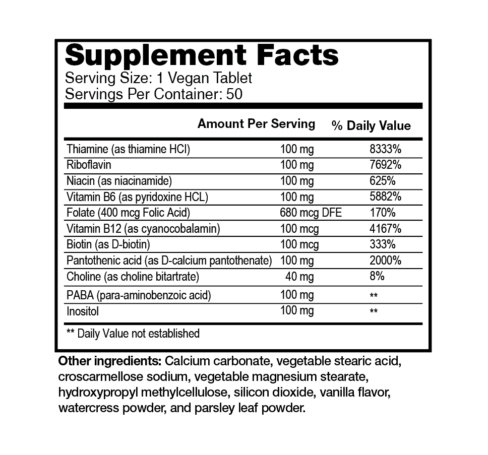A black and white Supplement Facts label showing a vegan Vitamin B complex vitamin supplement's nutritional information, including Thiamine, Riboflavin, Niacin, Folate, Vitamin B12, and Inositol, with other ingredients listed below.