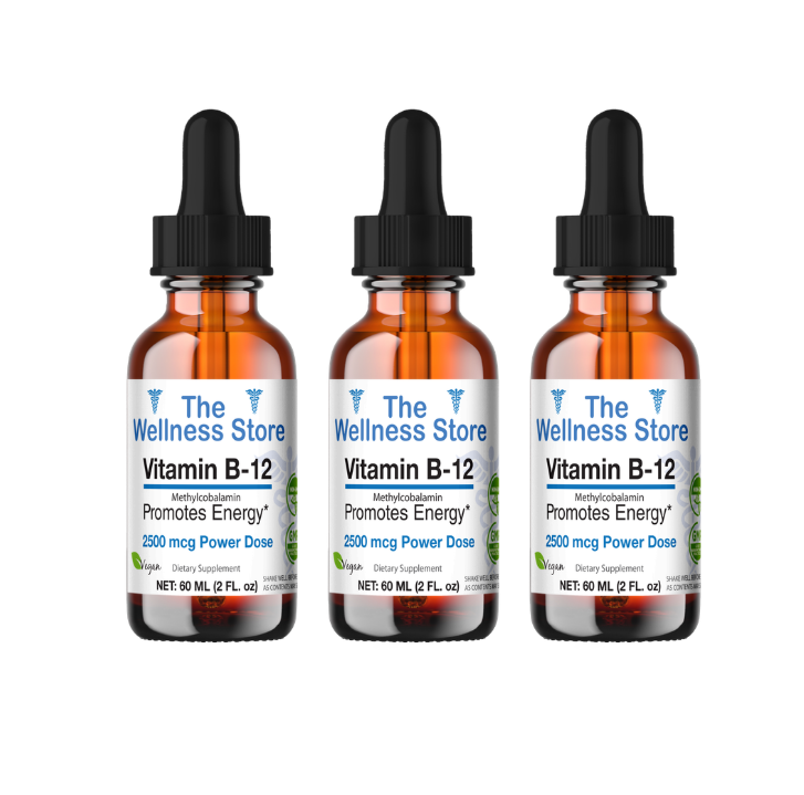 Three bottles of Vitamin B-12 from The Wellness Store on a white background