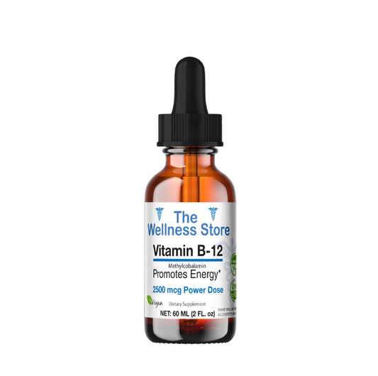 Vitamin B-12 dropper bottle from The Wellness Store on a white background