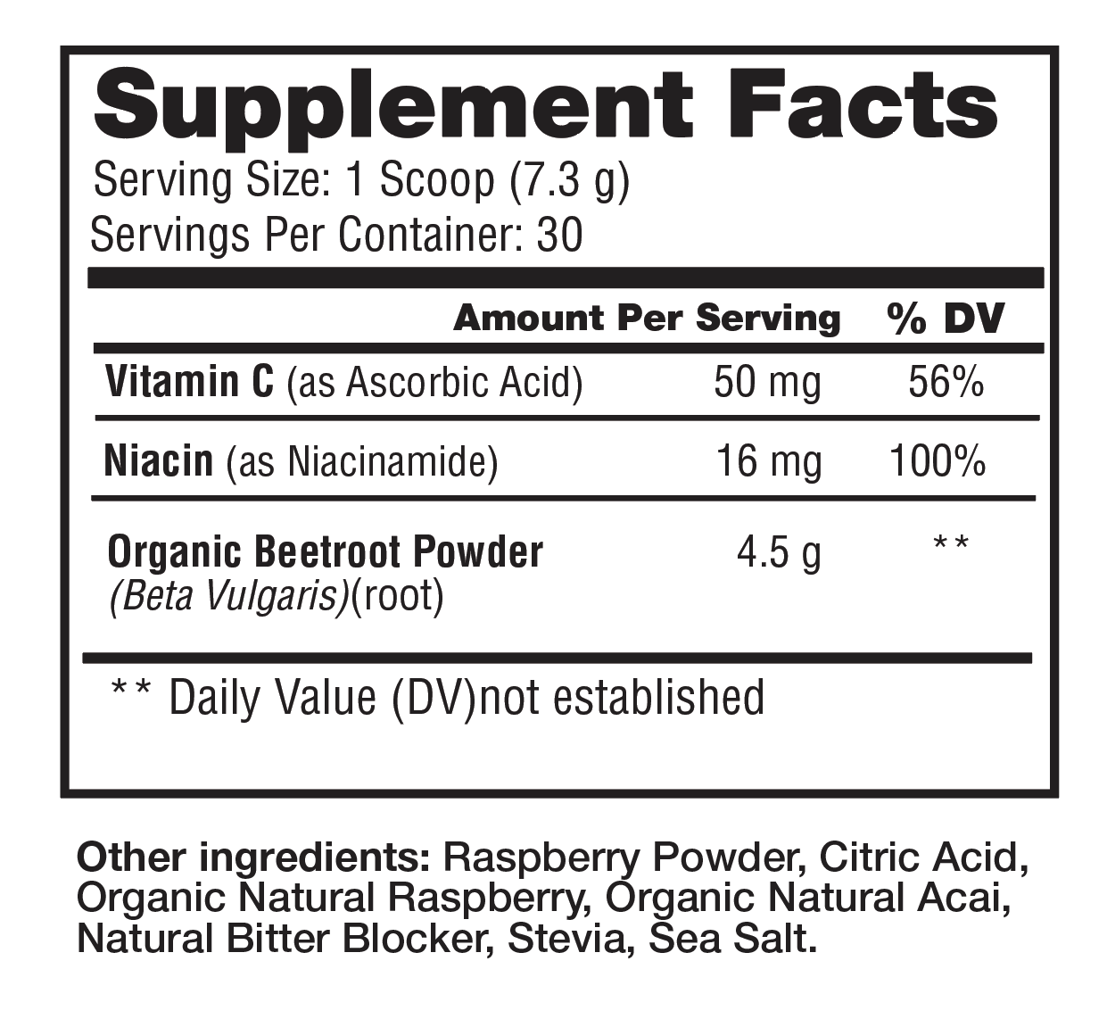 A supplement facts label showing serving size, servings per container, and a nutrition table for Beetroot Powder that includes Vitamin C, Niacin, and Organic Beetroot Powder, with other ingredients listed below on a white background.