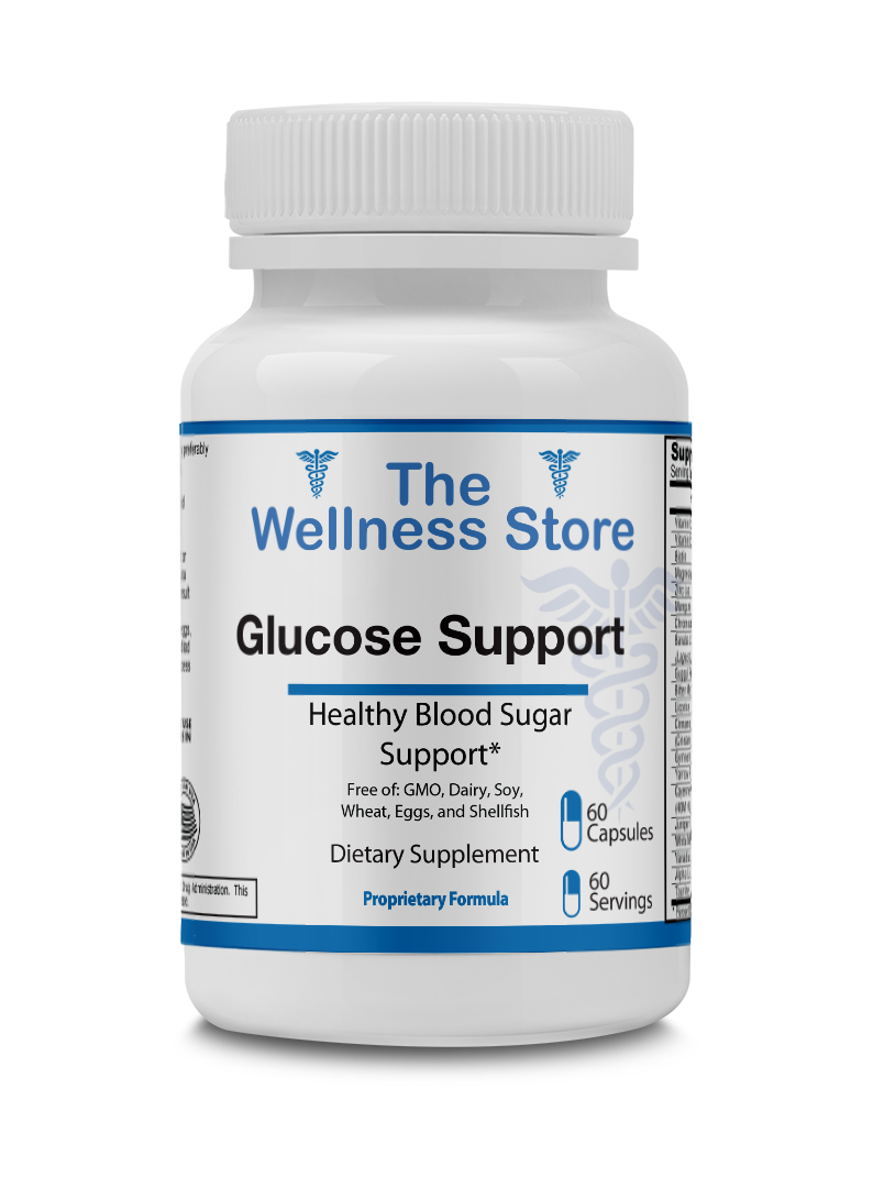 Supplement bottle labeled 'Glucose Support' from The Wellness Store on a white background