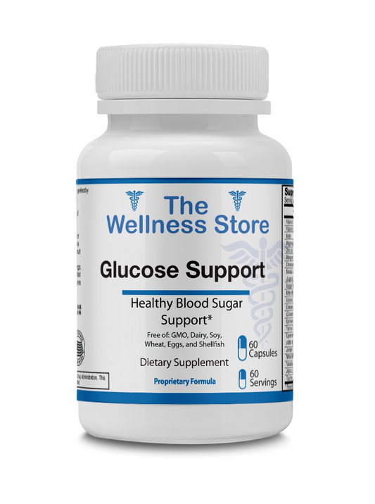 Supplement bottle labeled 'Glucose Support' from The Wellness Store on a white background